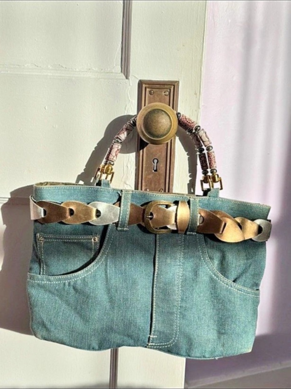 Denim Tote Bag in Blue & Brown